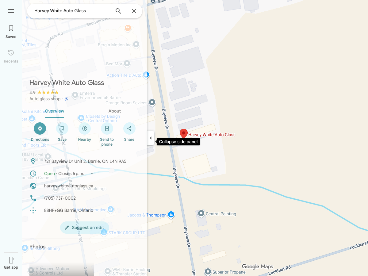 Map showing Harvey White Auto Glass on Bayview Drive in Barrie